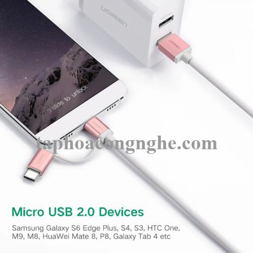 Ugreen 30542 0.5M màu Hồng Cáp USB-A sang Micro USB + USB-C cao cấp US177 30030542